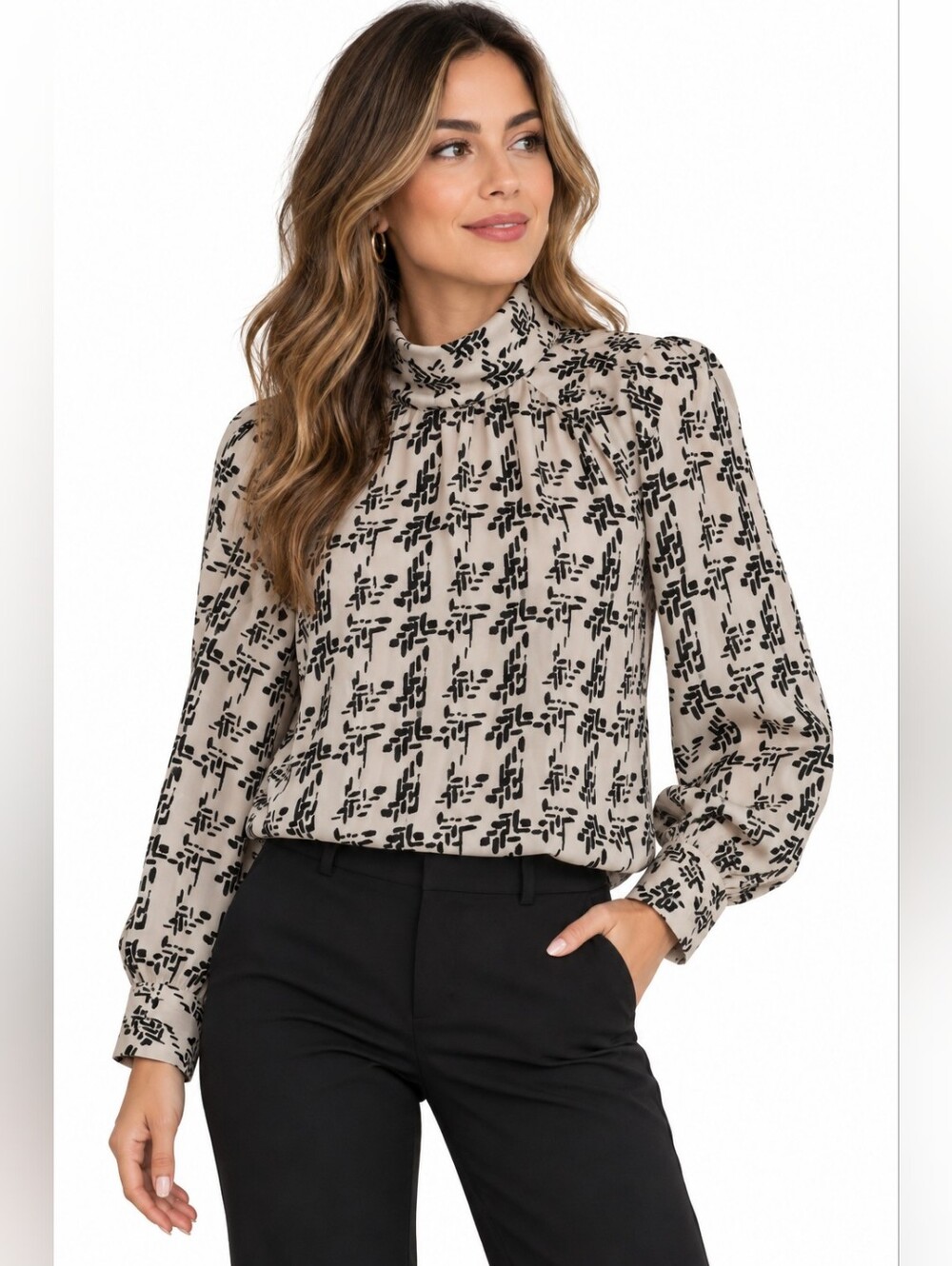 Women's ZARA Beige & Black Printed Mock Neck Blouse L